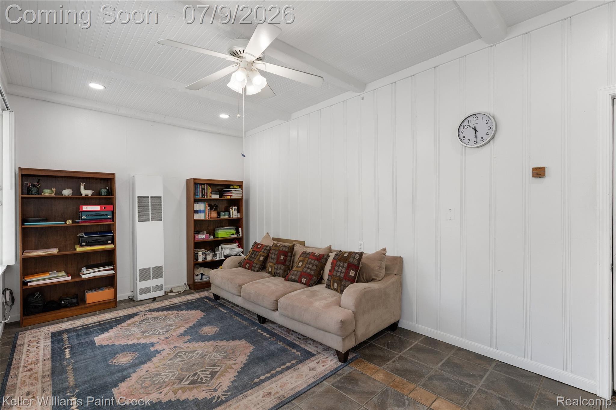 2731 Crooks Road Royal Oak, MI 48073 - Photo 17 of 34 Room featuring a white beadboard ceiling with exposed beams, recessed lighting, and a ceiling fan