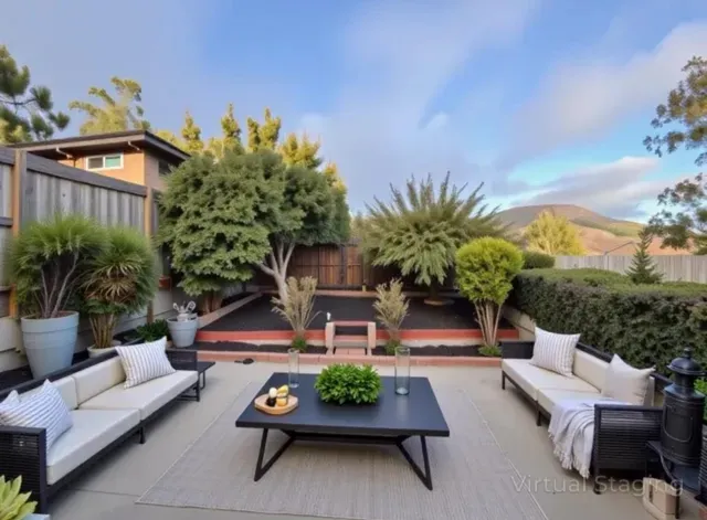 a view of a patio with couches and a potted plant on a table