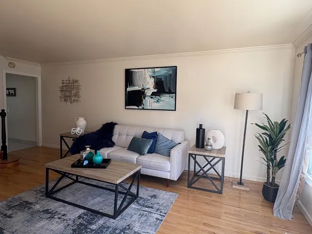 a living room with furniture and a potted plant