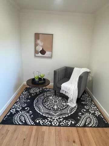 a living room with a rug