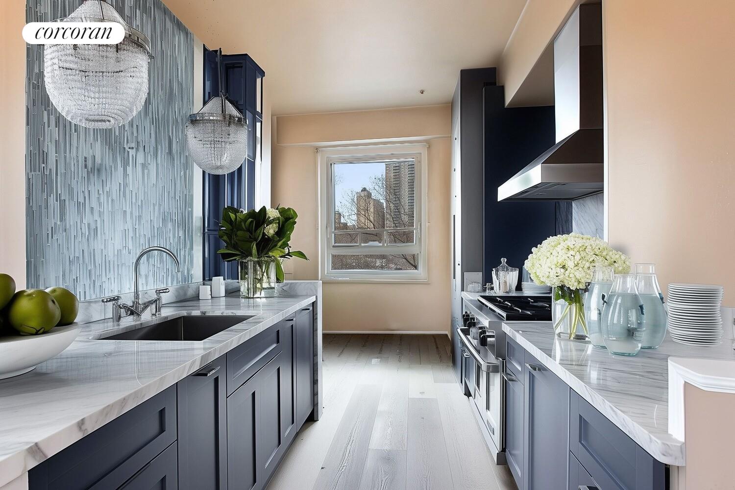 175 Adams Street, Unit 5H Brooklyn, NY 11201 - Photo 7 of 18 a kitchen with granite countertop a sink a stove and a wooden floor
