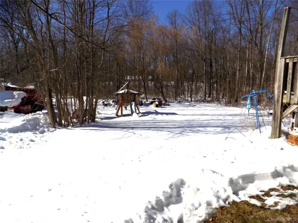 a view of a yard with snow on the road