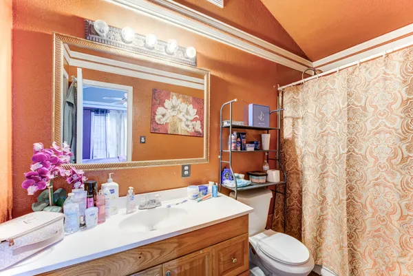 a bathroom with a sink vanity and a mirror