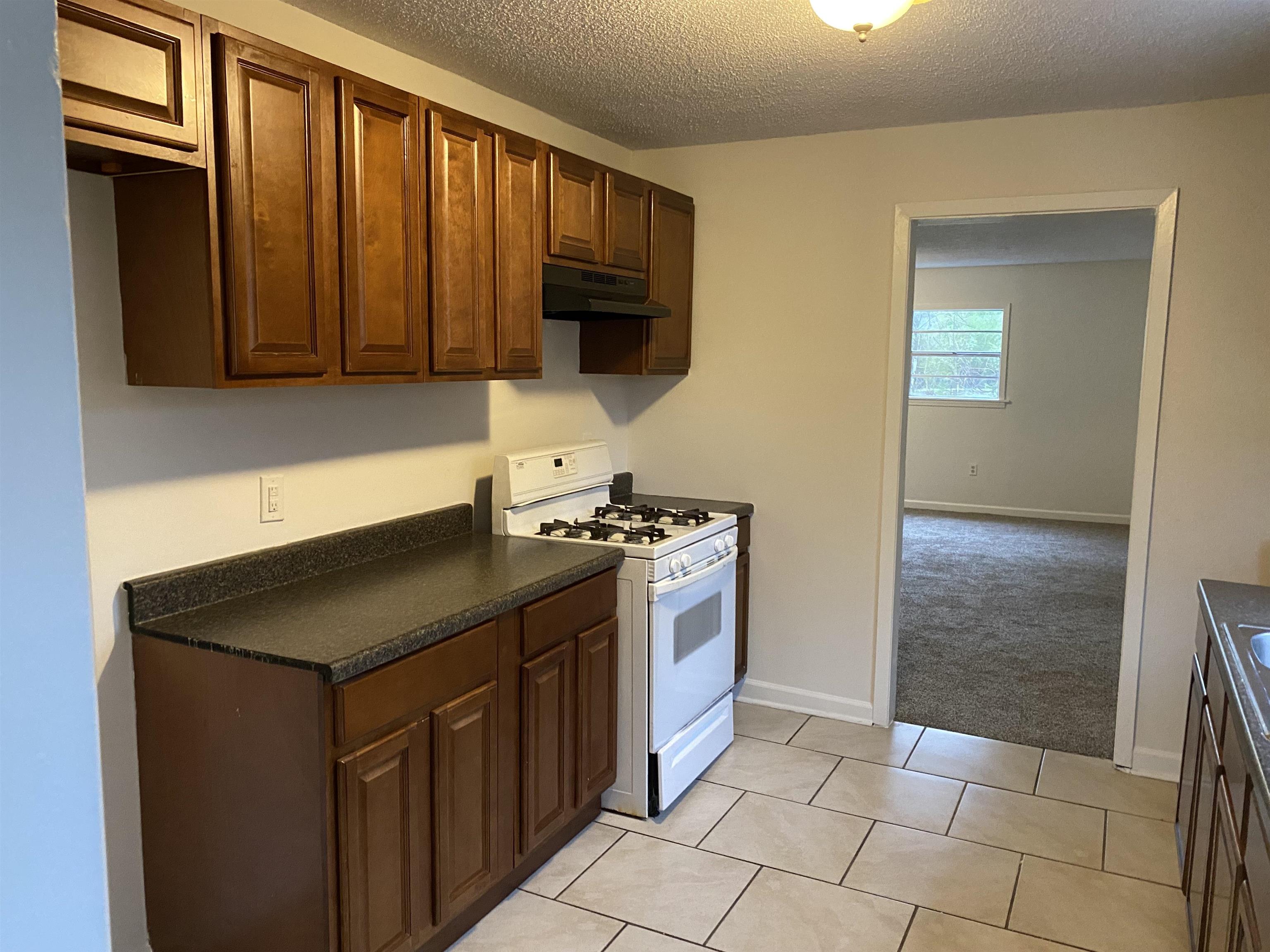3499 Rochester Road Memphis, TN 38109 - Photo 8 of 13 Kitchen featuring white gas stove, dark countertops, a textured ceiling, light carpet, and light tile patterned floors. Washer & Dryer connections