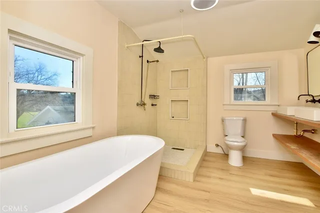 a bathroom with a bathtub and a toilet