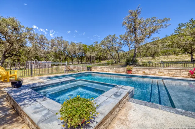 a view of swimming pool with outdoor seating and plants