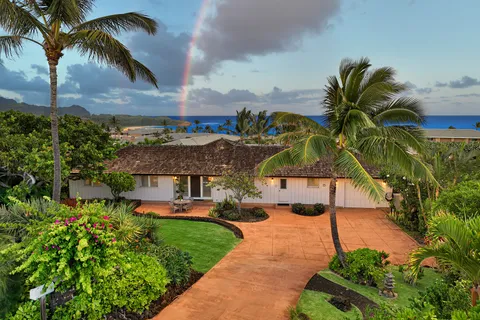 an aerial view of a house with a yard and potted plants