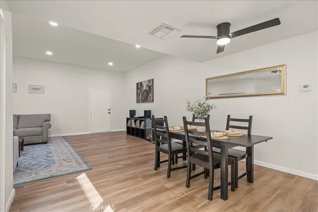 a view of a dining room with furniture