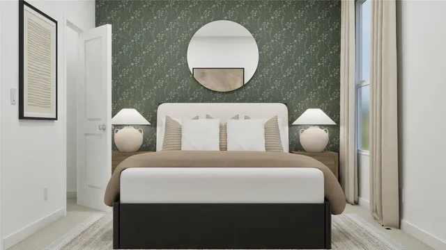 a bedroom with a bed and a mirror