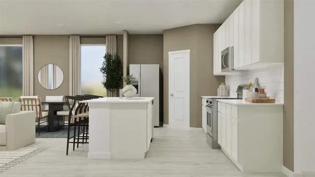 a room with dining table wooden floor and white appliances