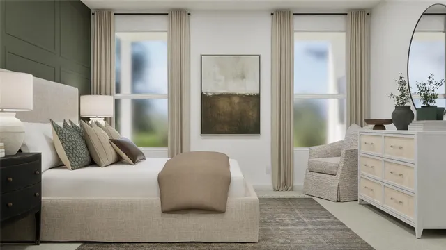 a living room with furniture and a mirror