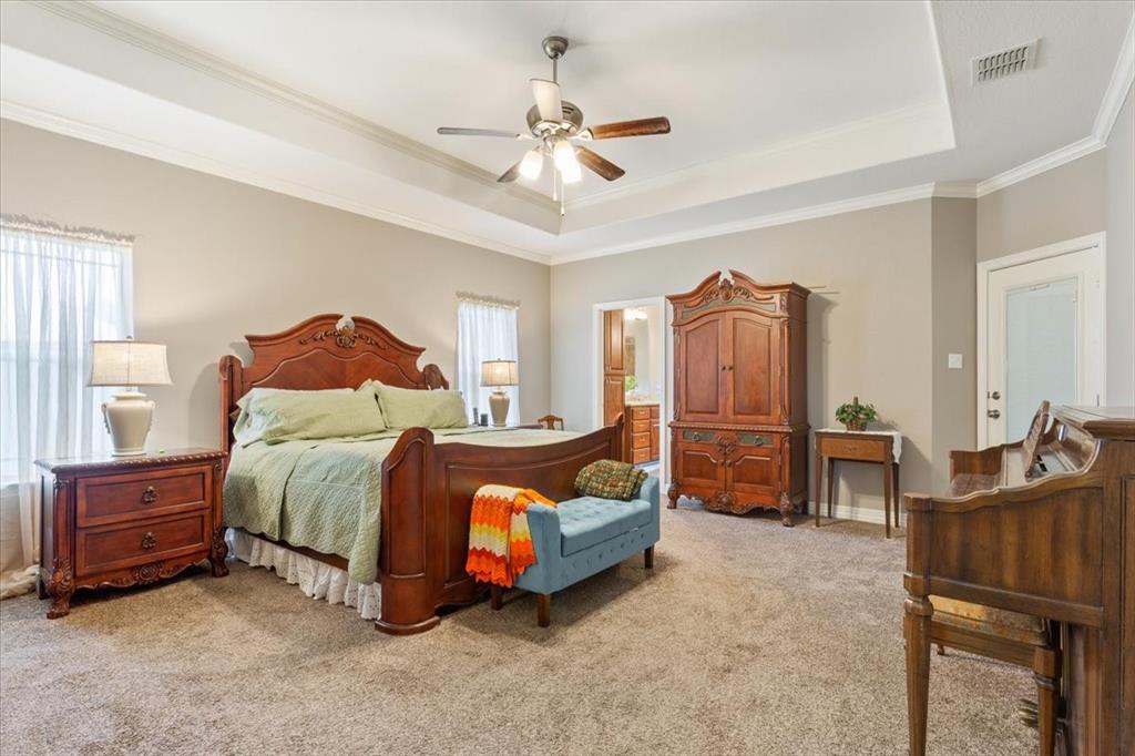 128 Creek Ridge Drive Waco, TX 76708 - Photo 18 of 40 Bedroom featuring a raised ceiling, light carpet, ornamental molding, a ceiling fan, and connected bathroom