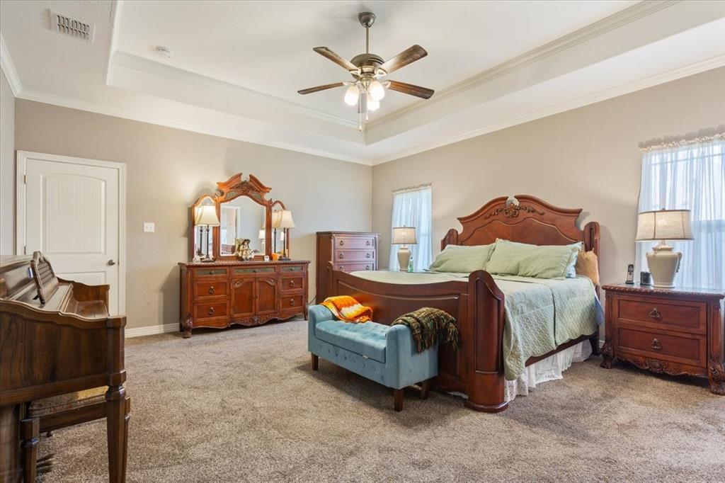 128 Creek Ridge Drive Waco, TX 76708 - Photo 19 of 40 Bedroom featuring a tray ceiling, carpet flooring, ornamental molding, and a ceiling fan