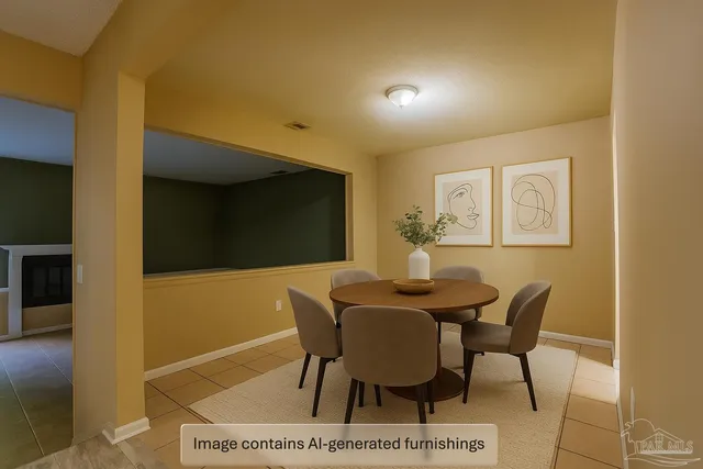 a view of a dining room with furniture