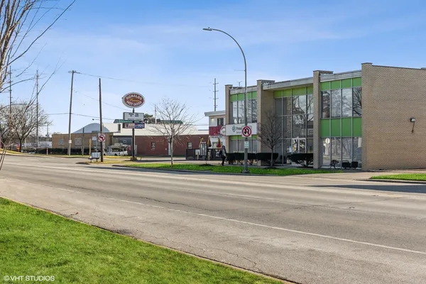 a front view of a building with street