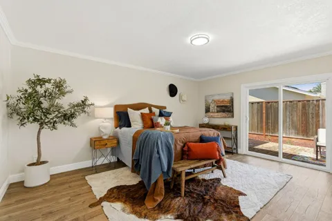 a bedroom with furniture and a potted plant