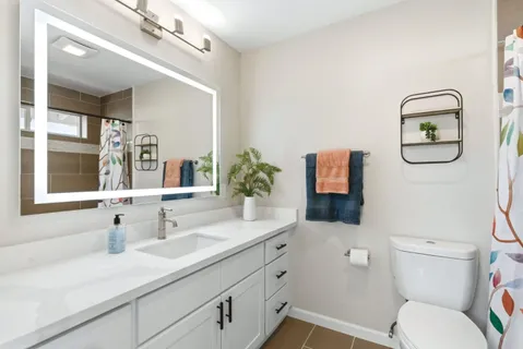 a bathroom with a toilet sink and mirror