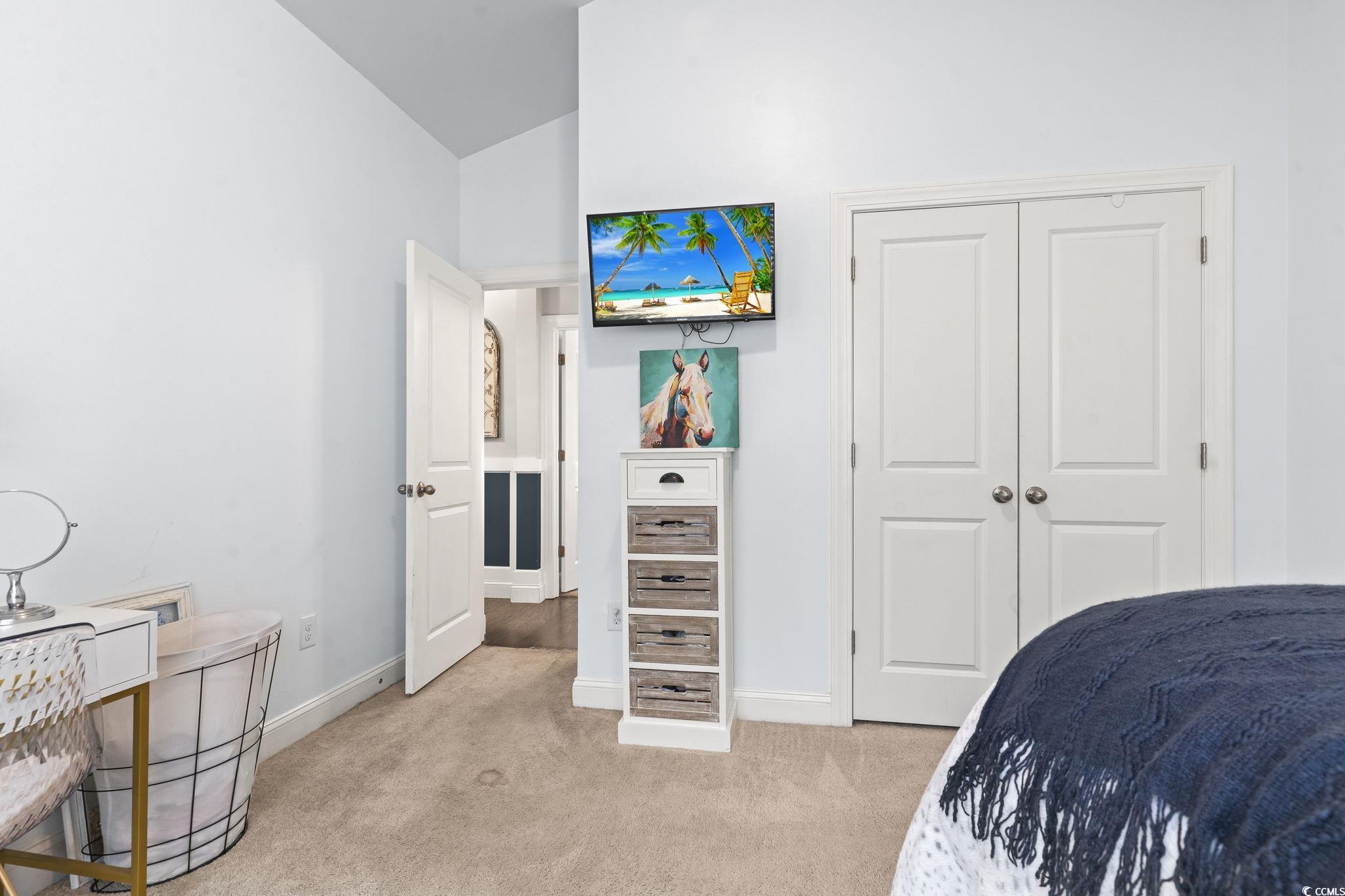144 Bucky Loop Murrells Inlet, SC 29576 - Photo 29 of 40 Bedroom featuring lofted ceiling, light carpet, an