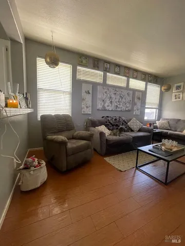 a living room with furniture window and a wooden floor
