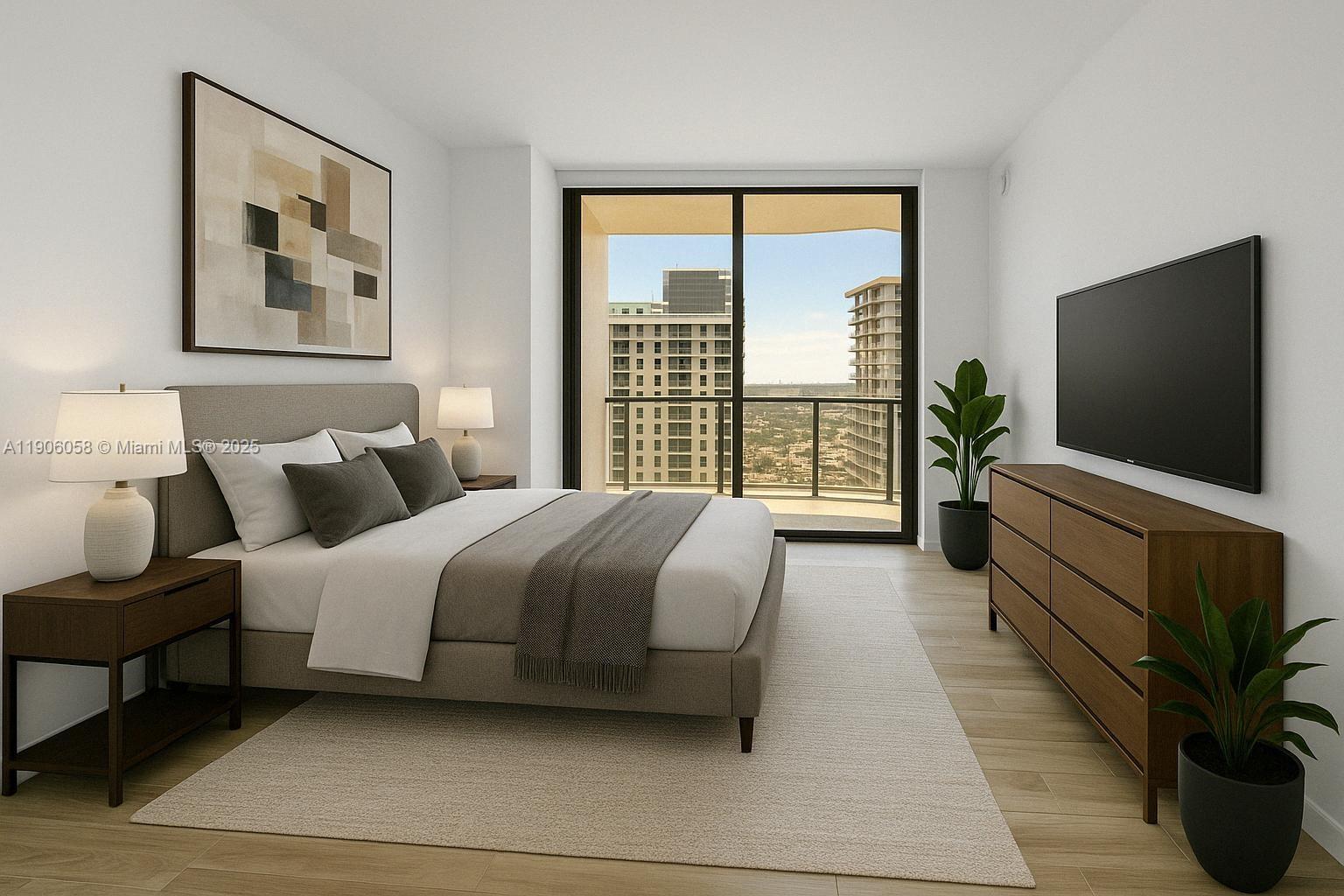 801 South Miami Avenue, Unit 4309 Miami, FL 33131 - Photo 8 of 34 a bedroom with bed and flat screen tv