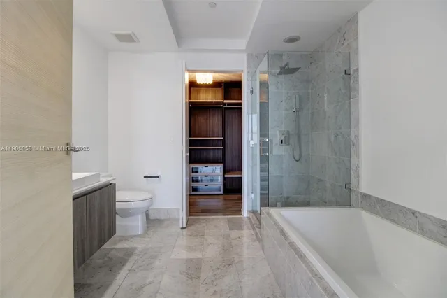 a bathroom with a bathtub and a toilet