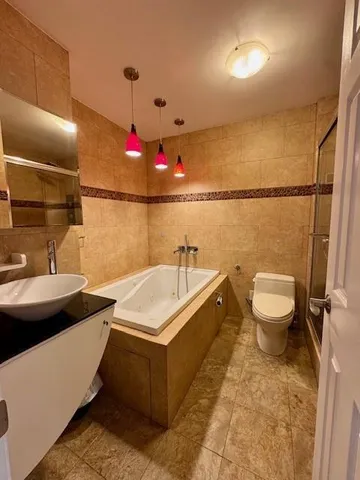 a bathroom with a sink a toilet and a shower