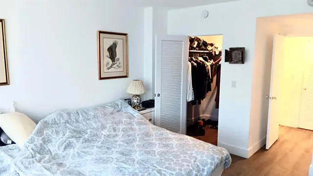 a bedroom with a bed and a closet