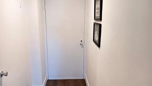 a view of hallway with wooden floor