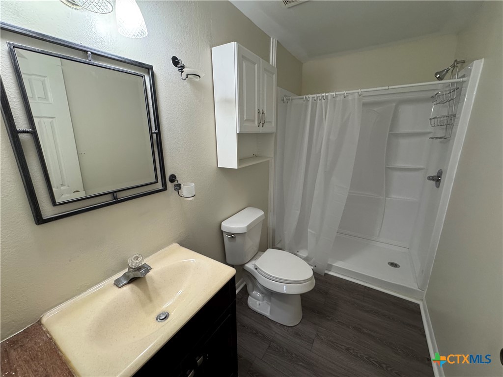 4904 Lone Tree Road Victoria, TX 77901 - Photo 7 of 13 a bathroom with a sink a toilet a mirror and shower