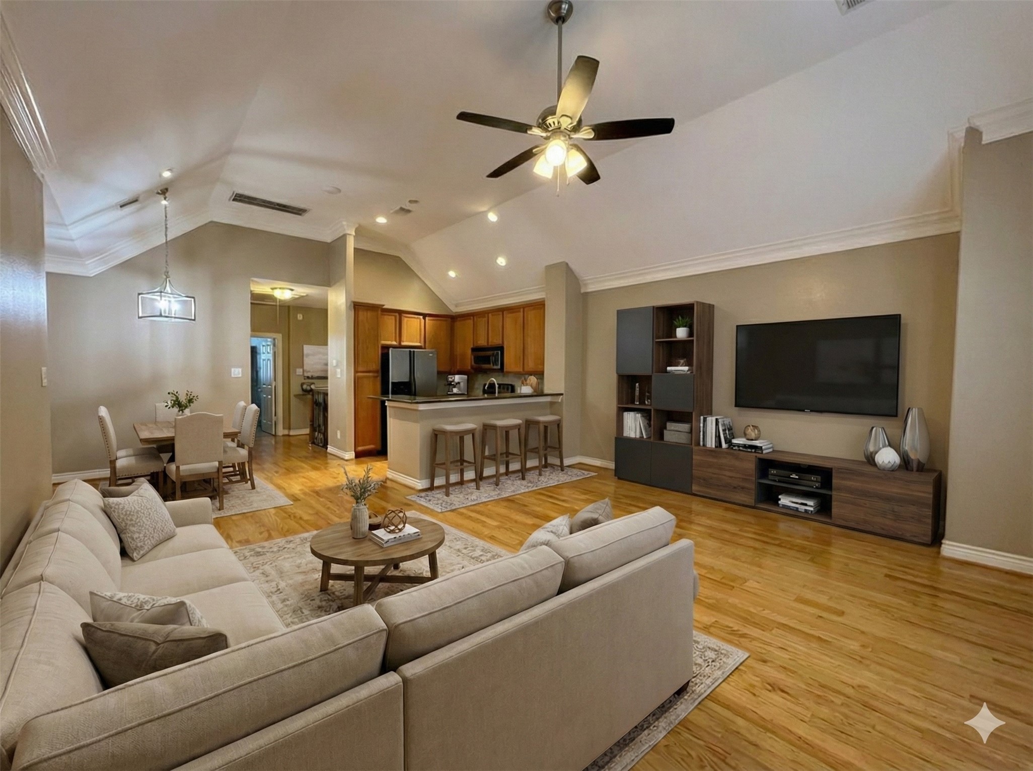 3540 Cline Street Houston, TX 77020 - Photo 2 of 26 Spacious open-concept living area with rich hardwood-style flooring, soaring ceilings, and abundant natural light (digital furniture)