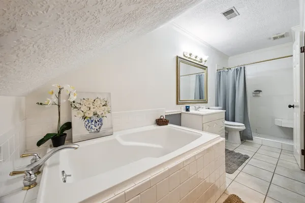 a bathroom with a tub sink toilet and mirror