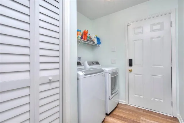 a storage room with washer and dryer