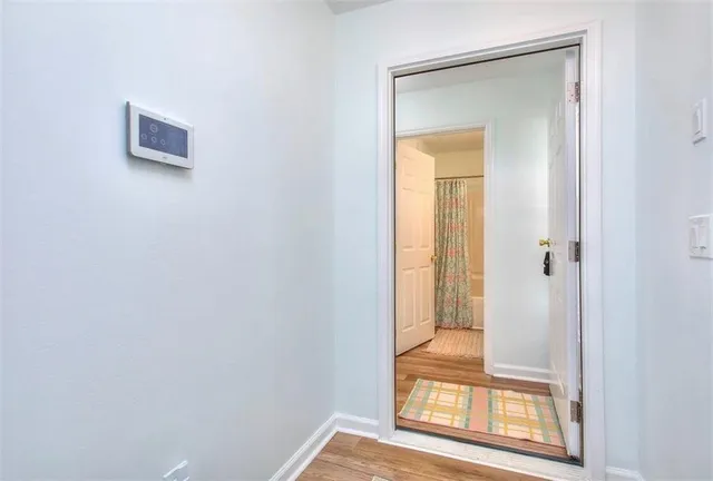 a view of a small space with a window