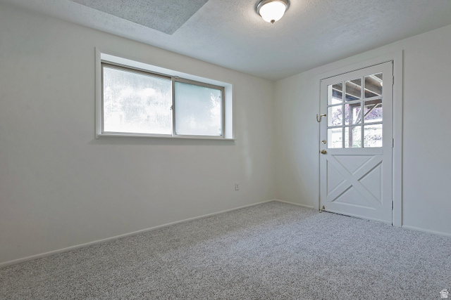1722 Kimsbrough Road Sandy, UT 84092 - Photo 21 of 29 Light gray carpeting, white walls, and a white paneled door with glass inserts and an X-brace design