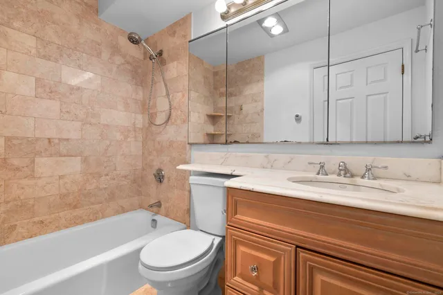 a bathroom with a granite countertop sink a toilet and shower
