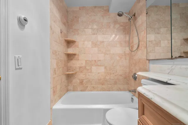 a bathroom with a granite countertop bathtub shower sink vanity and toilet