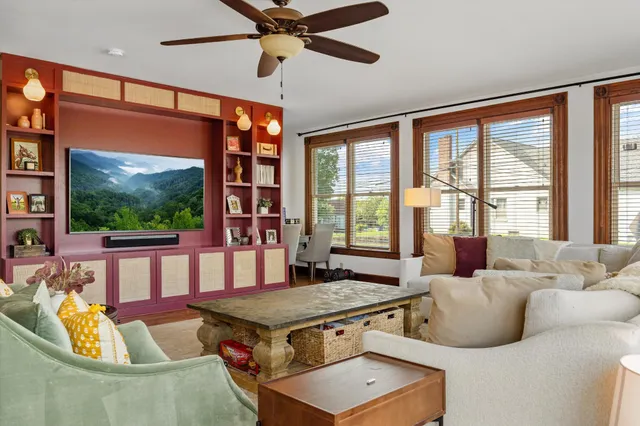 an aerial view of a house with a garden