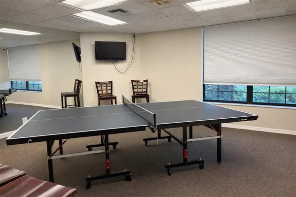 a room with pool table and flat screen tv
