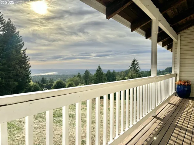 a view of a balcony with wooden floor
