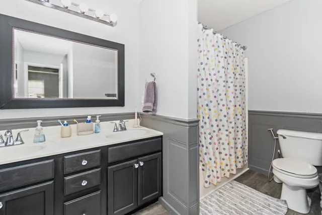 a bathroom with a sink a toilet and shower curtain