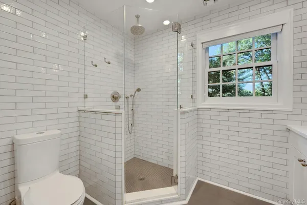 a bathroom with a toilet and a shower