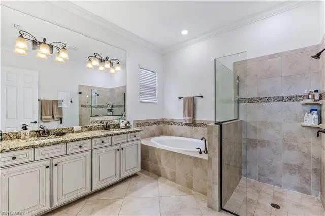 a spacious bathroom with a double vanity sink mirror double shower and a bathtub