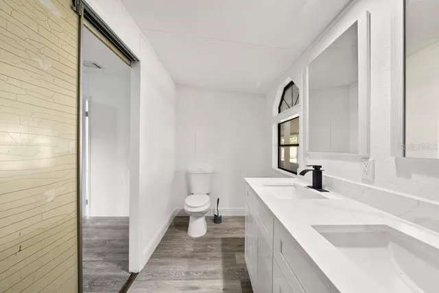 a bathroom with a sink a toilet and a large mirror