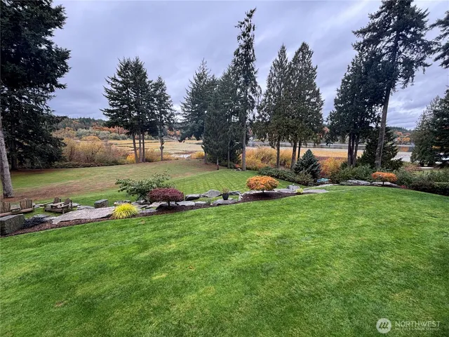 a view of a lake with a city