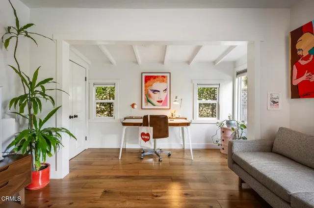 a living room with furniture and a potted plant