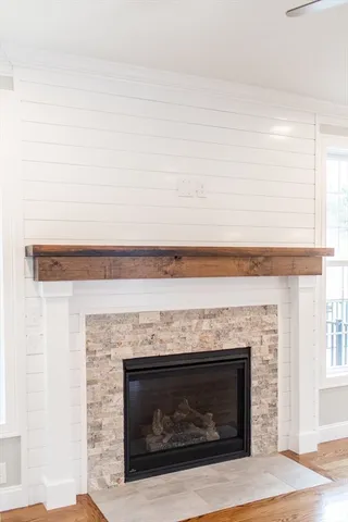 a living room with a fireplace