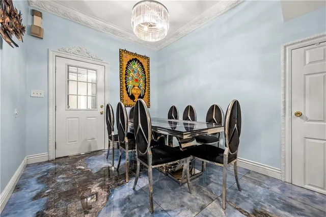 a view of a dining room with furniture