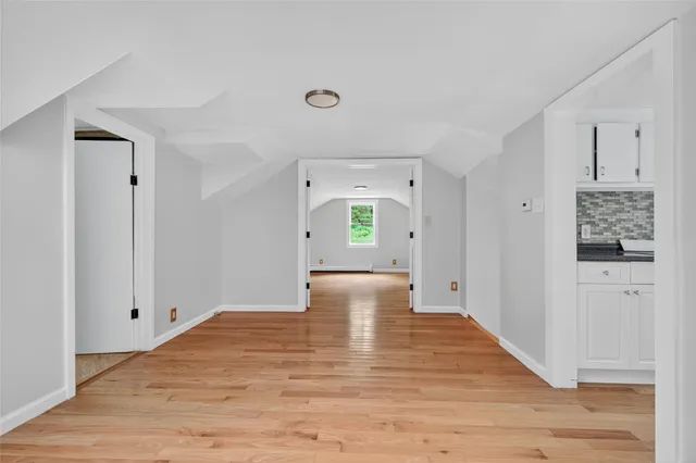 a view of a hallway with wooden floor and cabinet