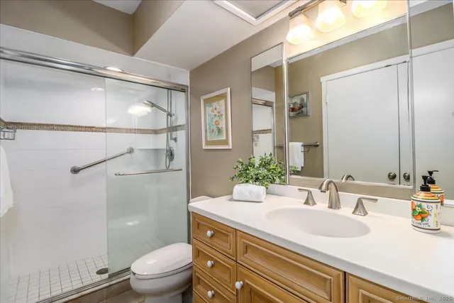 a bathroom with a sink a toilet and shower