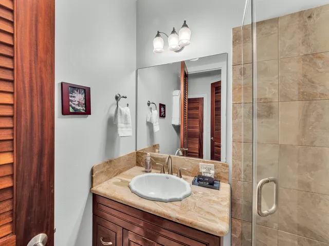 a bathroom with a granite countertop sink a mirror and shower